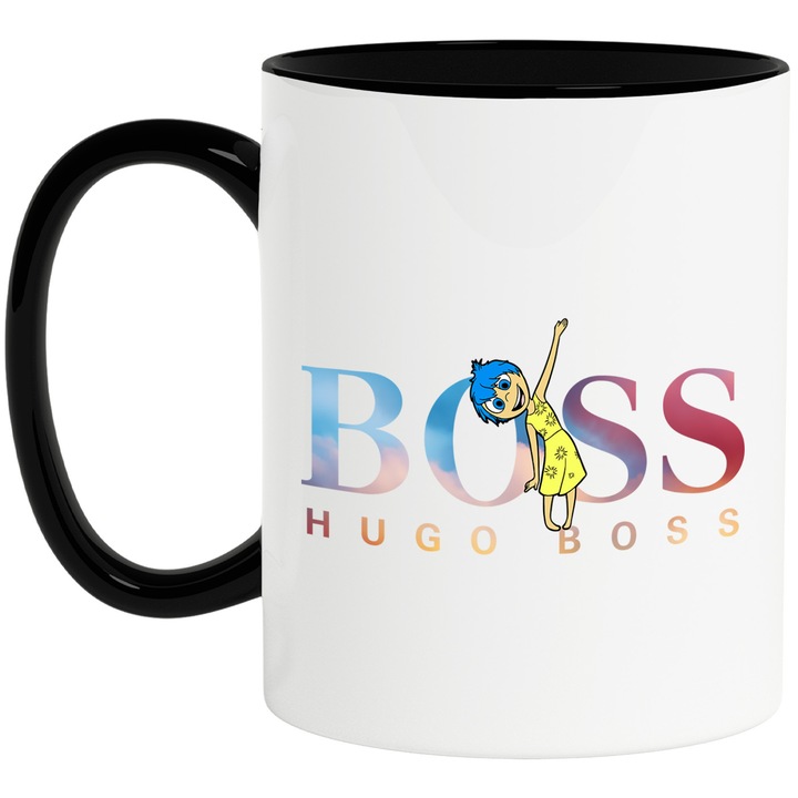 Cana Cu Inside Out, Cu Textul "Hugo Boss" - Design 4, Ceramica, 330ML, Cu Maner si Interior Negru