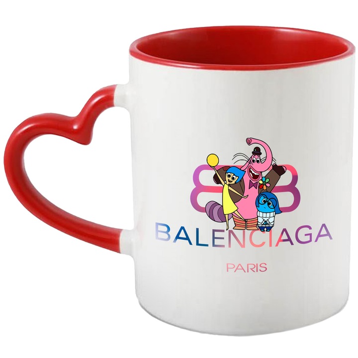 Cana Cu Inside Out, Cu Textul "Balenciaga Paris" - Design 5, Ceramica, 330ML, Cu Maner Inima Rosie si Interior Rosu
