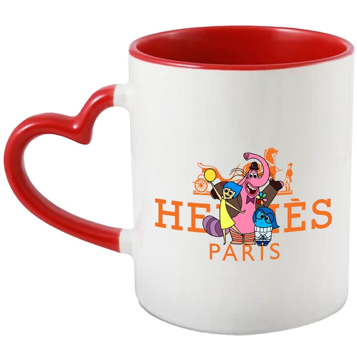 Cana Cu Inside Out, Cu Textul "Hermes Paris" - Design 5, Ceramica, 330ML, Cu Maner Inima Rosie si Interior Rosu
