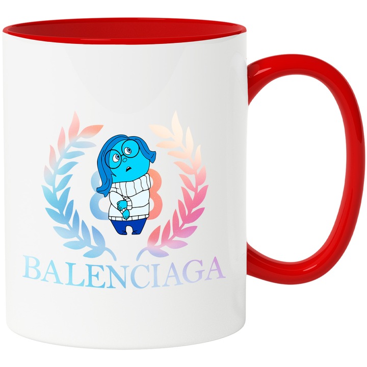 Cana Cu Inside Out, Cu Textul "Balenciaga" - Design 7, Ceramica, 330ML, Cu Maner si Interior Rosu