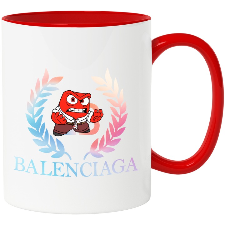 Cana Cu Inside Out, Cu Textul "Balenciaga" - Design 8, Ceramica, 330ML, Cu Maner si Interior Rosu