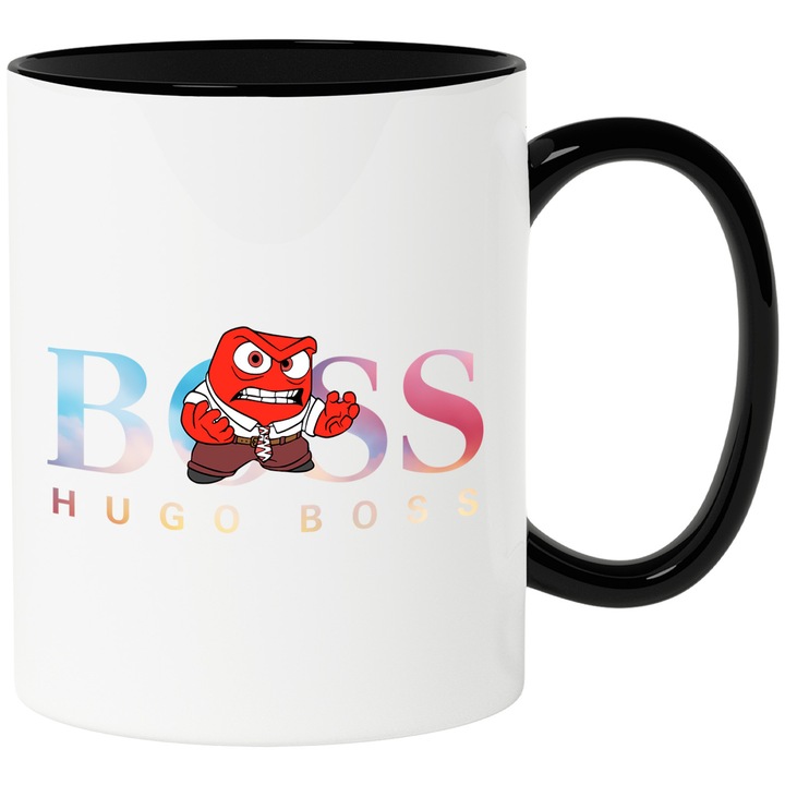 Cana Cu Inside Out, Cu Textul "Hugo Boss" - Design 8, Ceramica, 330ML, Cu Maner si Interior Negru