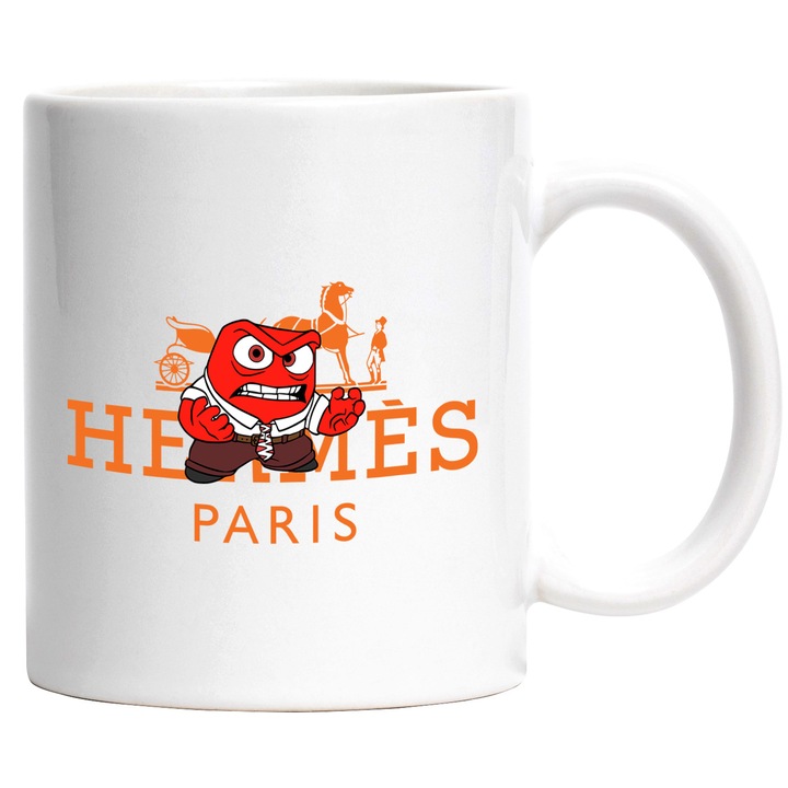 Cana Cu Inside Out, Cu Textul "Hermes Paris" - Design 8, Ceramica, 330ML, Cu Maner si Interior Alb