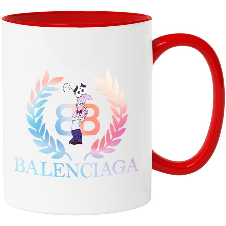 Cana Cu Inside Out, Cu Textul "Balenciaga" - Design 9, Ceramica, 330ML, Cu Maner si Interior Rosu