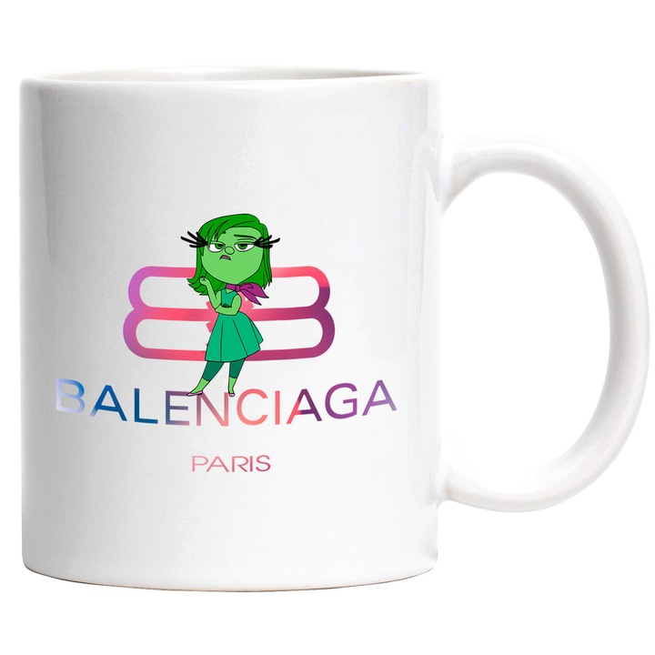 Cana Cu Inside Out, Cu Textul "Balenciaga Paris" - Design 10, Ceramica, 330ML, Cu Maner si Interior Alb