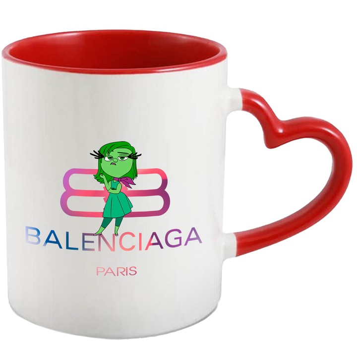 Cana Cu Inside Out, Cu Textul "Balenciaga Paris" - Design 10, Ceramica, 330ML, Cu Maner Inima Rosie si Interior Rosu