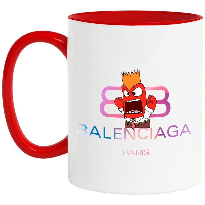 Cana Cu Inside Out, Cu Textul "Balenciaga Paris" - Design 11, Ceramica, 330ML, Cu Maner si Interior Rosu