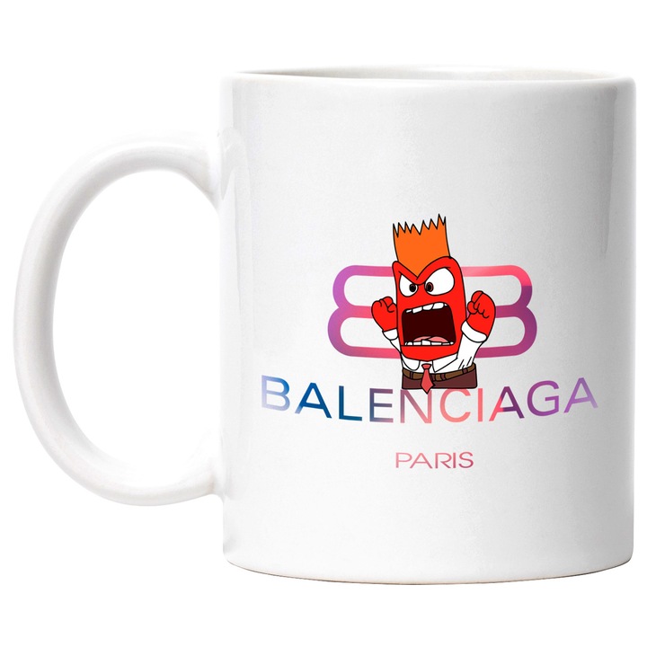 Cana Cu Inside Out, Cu Textul "Balenciaga Paris" - Design 11, Ceramica, 330ML, Cu Maner si Interior Alb