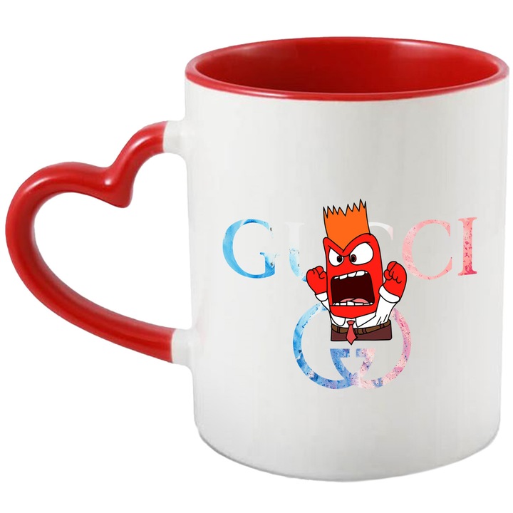 Cana Cu Inside Out, Cu Textul "Gucci" - Design 11, Ceramica, 330ML, Cu Maner Inima Rosie si Interior Rosu