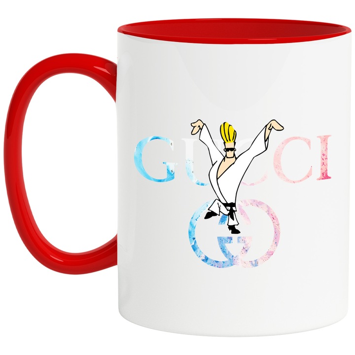 Cana Cu Johny Bravo, Cu Textul "Gucci" - Design 3, Ceramica, 330ML, Cu Maner si Interior Rosu