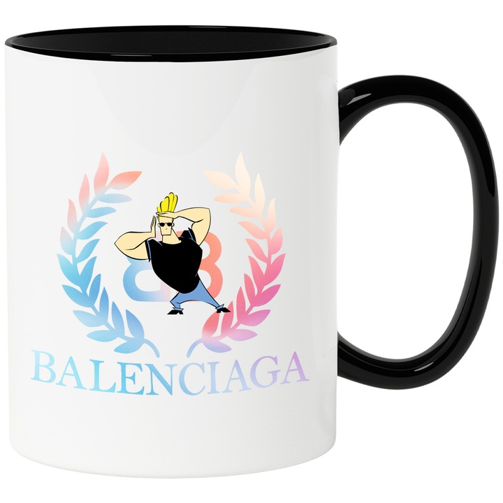 Cana Cu Johny Bravo, Cu Textul "Balenciaga" - Design 6, Ceramica, 330ML, Cu Maner si Interior Negru