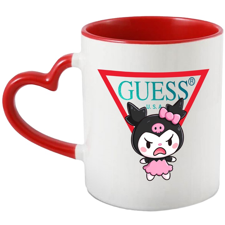 Cana Cu Korumi, Cu Textul "Guess" - Design 2, Ceramica, 330ML, Cu Maner Inima Rosie si Interior Rosu