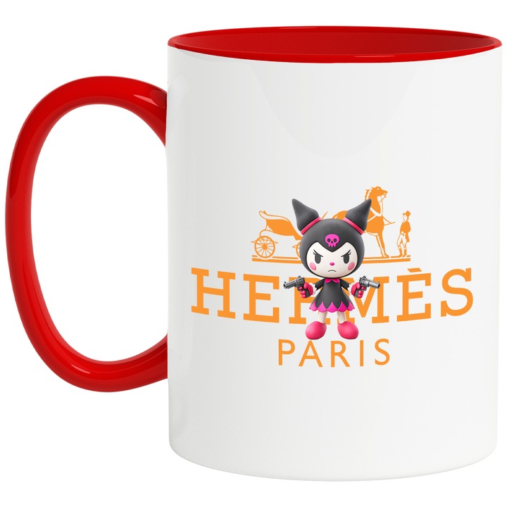 Cana Cu Korumi, Cu Textul "Hermes Paris" - Design 3, Ceramica, 330ML, Cu Maner si Interior Rosu