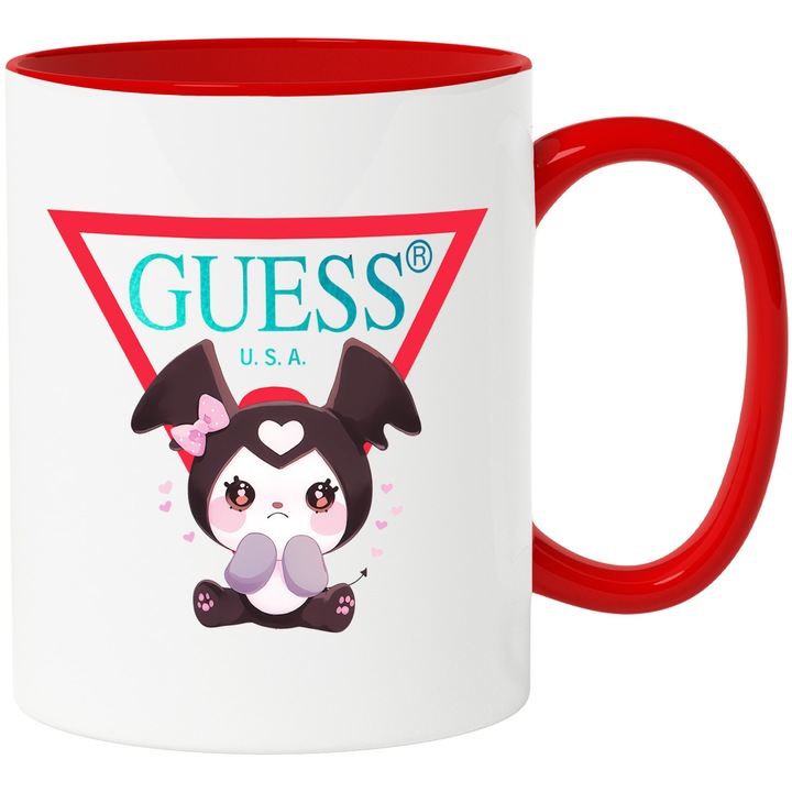 Cana Cu Korumi, Cu Textul "Guess" - Design 4, Ceramica, 330ML, Cu Maner si Interior Rosu
