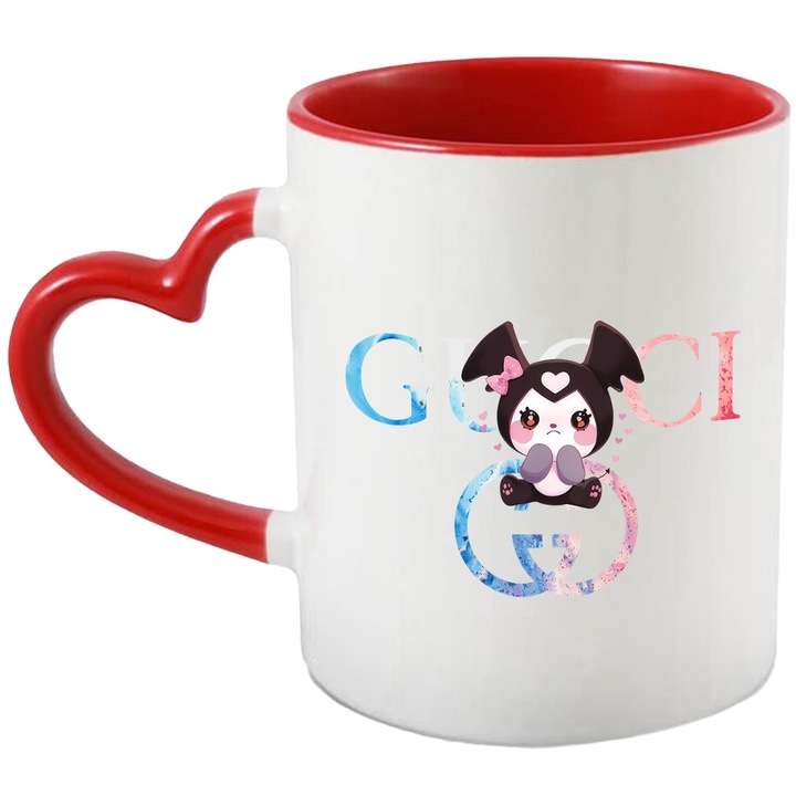 Cana Cu Korumi, Cu Textul "Gucci" - Design 4, Ceramica, 330ML, Cu Maner Inima Rosie si Interior Rosu