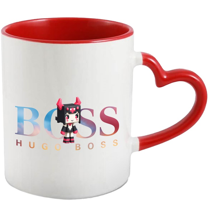 Cana Cu Korumi, Cu Textul "Hugo Boss" - Design 5, Ceramica, 330ML, Cu Maner Inima Rosie si Interior Rosu