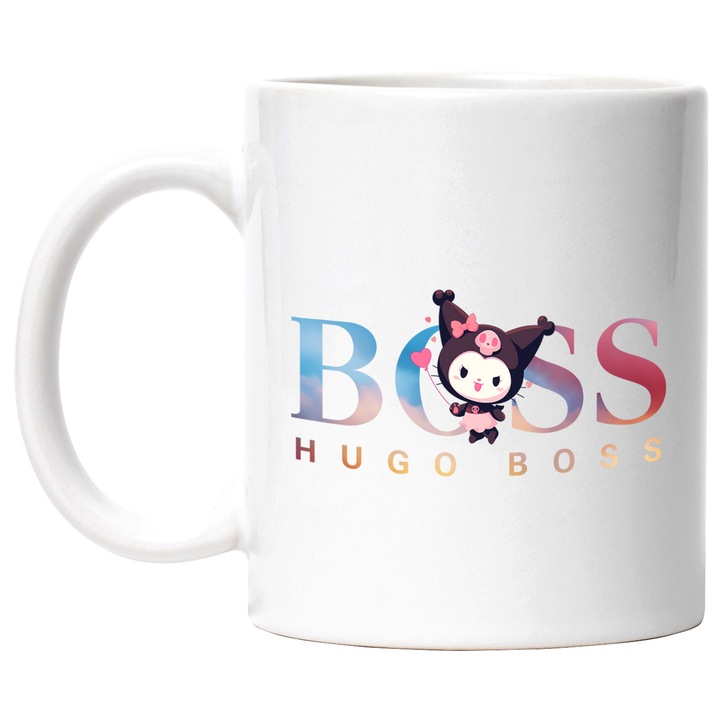 Cana Cu Korumi, Cu Textul "Hugo Boss" - Design 6, Ceramica, 330ML, Cu Maner si Interior Alb