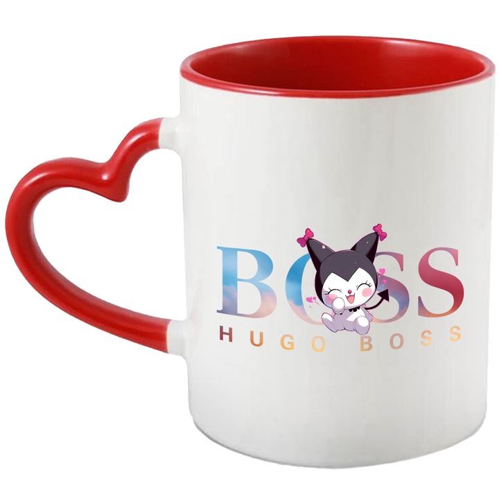 Cana Cu Korumi, Cu Textul "Hugo Boss" - Design 8, Ceramica, 330ML, Cu Maner Inima Rosie si Interior Rosu