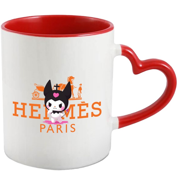 Cana Cu Korumi, Cu Textul "Hermes Paris" - Design 10, Ceramica, 330ML, Cu Maner Inima Rosie si Interior Rosu