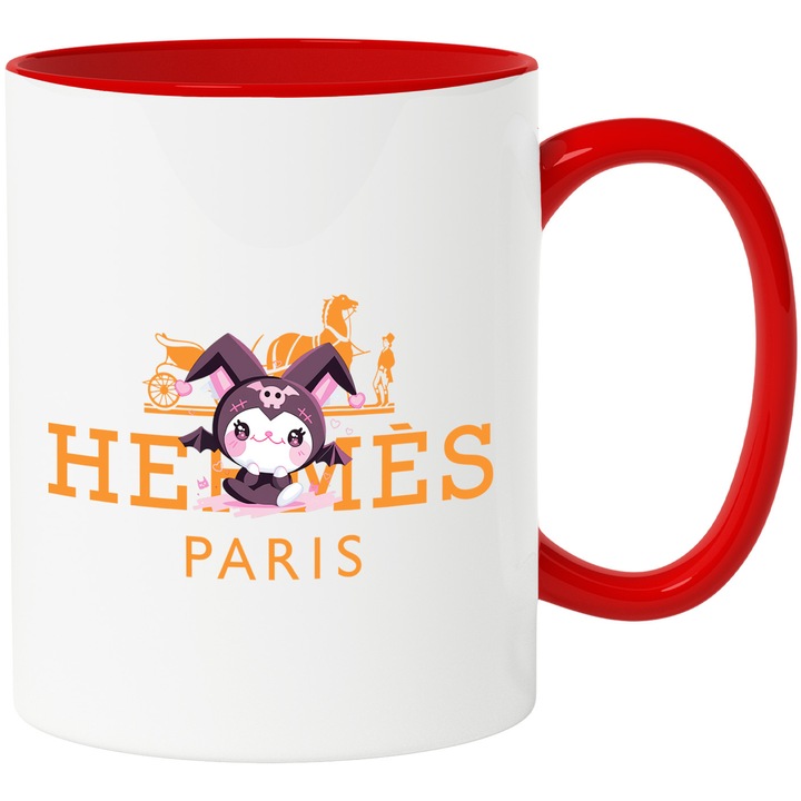 Cana Cu Korumi, Cu Textul "Hermes Paris" - Design 11, Ceramica, 330ML, Cu Maner si Interior Rosu