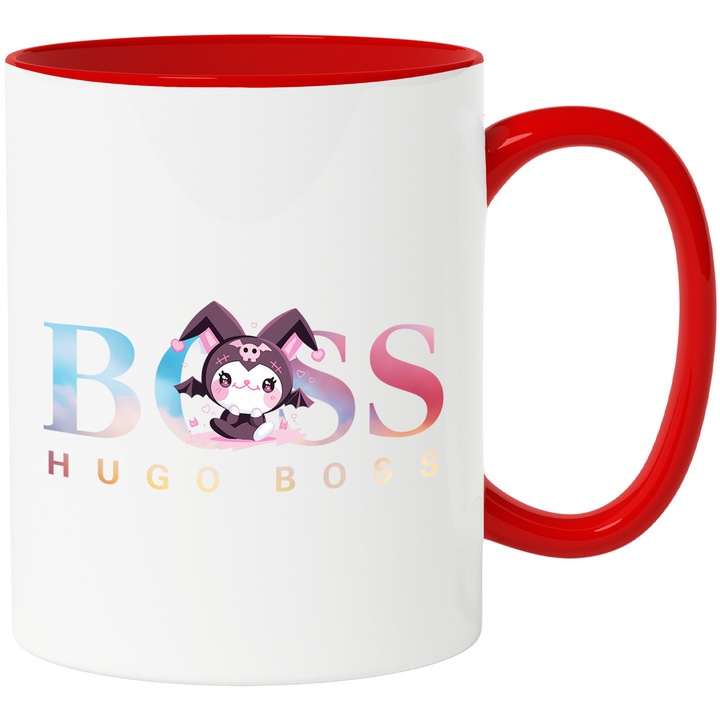 Cana Cu Korumi, Cu Textul "Hugo Boss" - Design 11, Ceramica, 330ML, Cu Maner si Interior Rosu