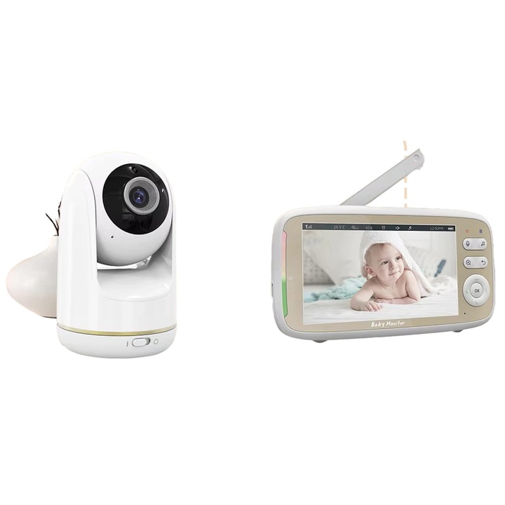 Monitor video rotativ cu camera, 5 inch, monitorizare temperatura, alb