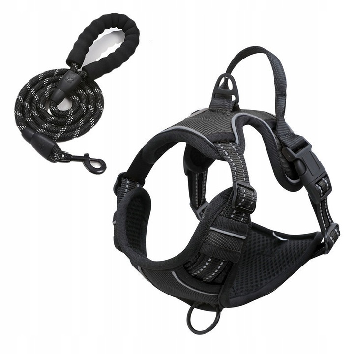 Sistem de ham pentru caini mari, 1.5m, 4 curele reglabile, nylon oxford, XL, negru