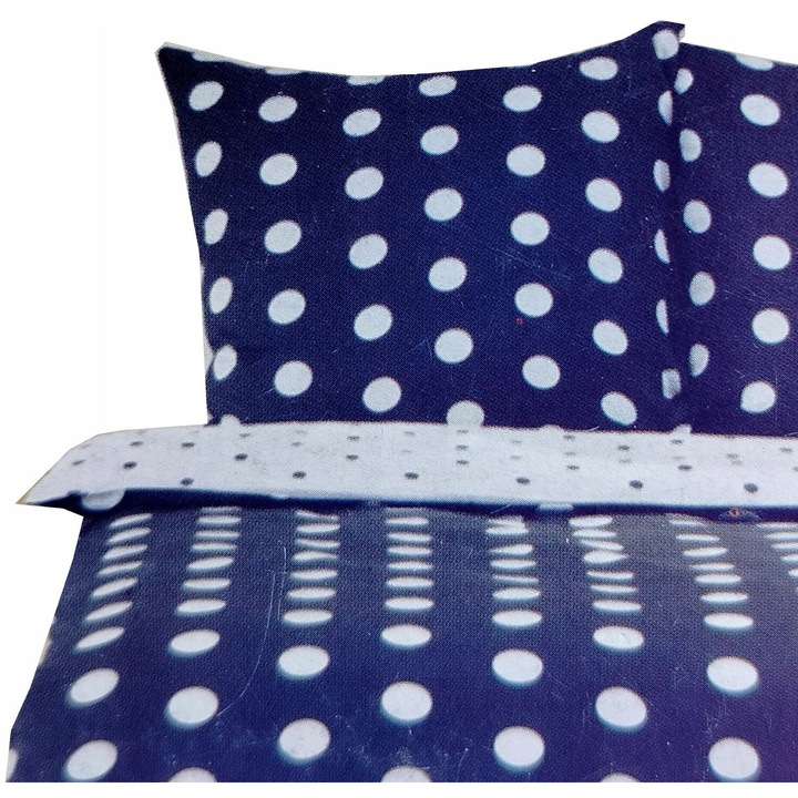 Lenjerie de pat satin de bumbac Smukee, 160x200 cm, bleumarin cu buline, inclusiv 2 fete de perna 70x80 cm
