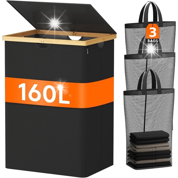 160 literes szennyestartó kosár, BOTC, 3 kivehető zsákkal, bambusz fedéllel, összecsukható kivitel, 75x57x37cm