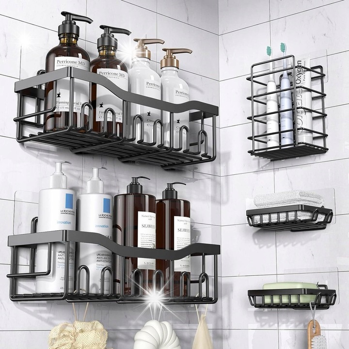 BOTC fürdőszobai rendszerező készlet, 5 elemes, fekete, vízálló, fúrás nélküli rögzítés