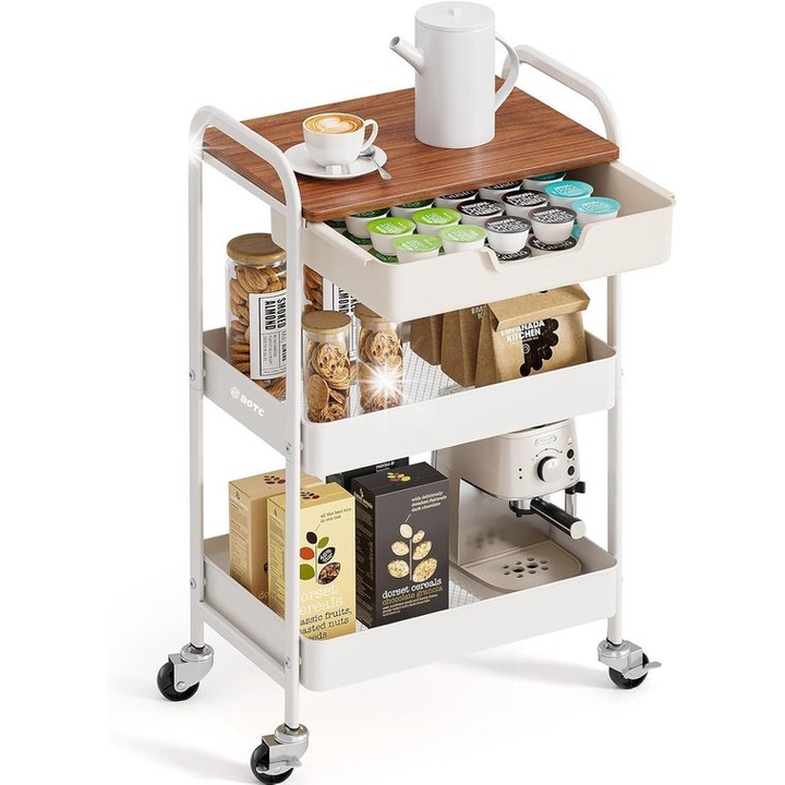 Konyhai rendszerező, BOTC, Gurulós kocsi típusú, 3 szintes, Fehér/Barna