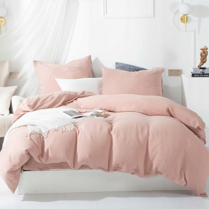 Lenjerie de pat bumbac muslin 160x200 cm, roz pudra, set 3 piese