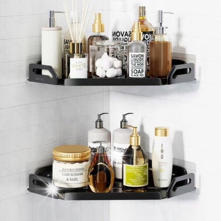 Fürdőszobai saroktartó, 2 darab, fekete, 23,5x23,5x4cm, fúrás nélkül