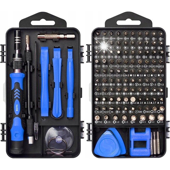 Комплект прецизни отвертки 115 елемента, BOTC, ергономичен дизайн, противоплъзгащи, размери 157x90x52мм