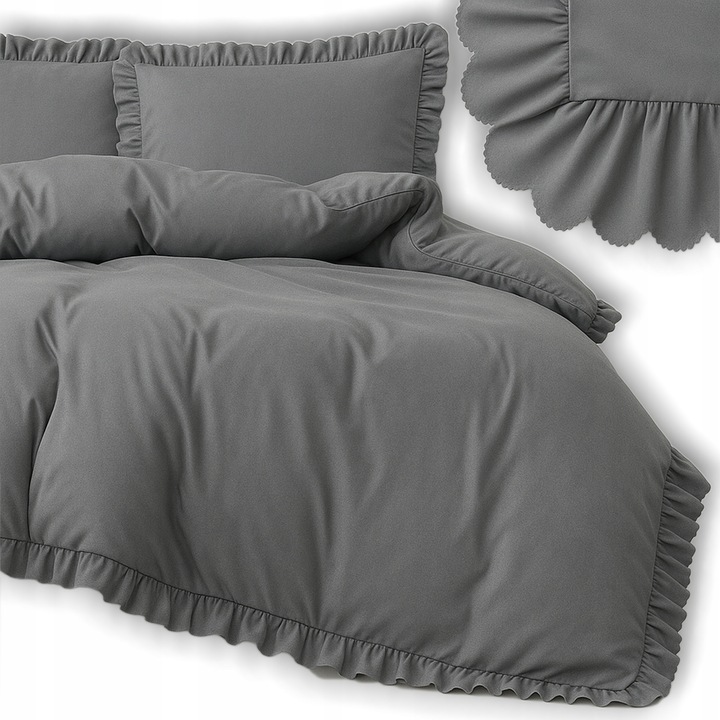 Set lenjerie pat 160x200cm cu volane, STREFA SPANIA, 2 fete pernă 70x80cm, microfibra, finisaj satinat