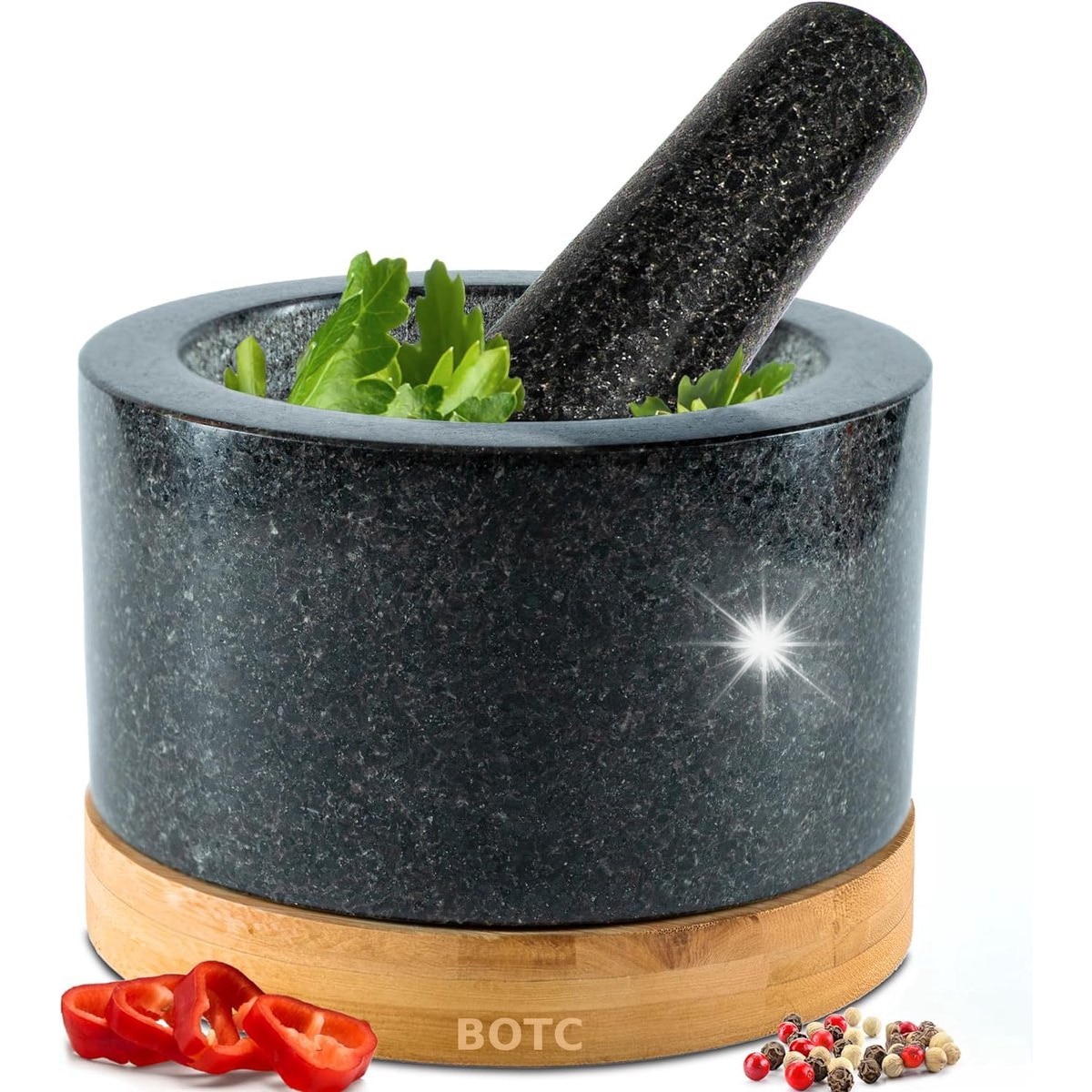 Set mozdzierza si tluczka din granit natural cu baza din bambus, stabil,  antiderapant, 100% natural, culoare gri inchis - eMAG.ro