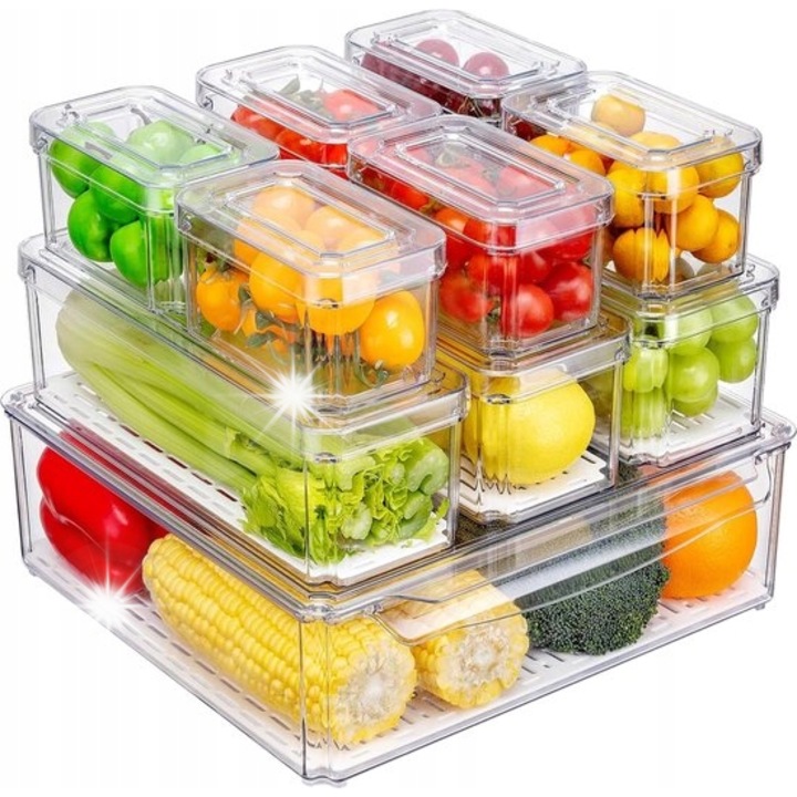 Rendezett tároló szett hűtőszekrényhez, BOTC, 10 tartály, átlátszó