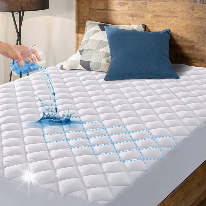 Matracvédő, BOTC, 180x200x30 cm, hipoallergén, vízálló, fehér kockás, 1 darabos szett