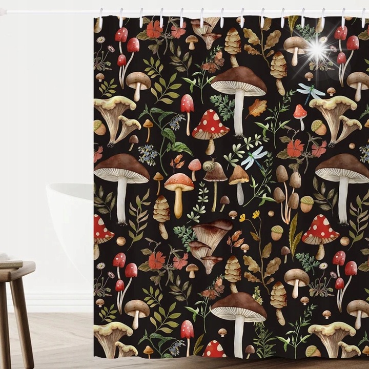 Cortina de dus Floraweg, Grzyby in padure, poliester, 180x200cm, impermeabil, maro