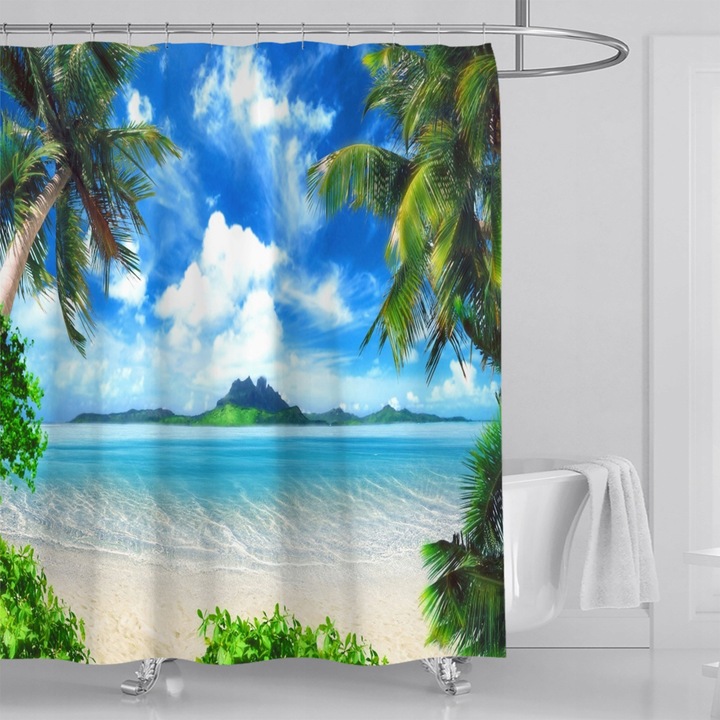 Zuhanyfüggöny, floraweg, trópusi design, 180x200cm, fehér