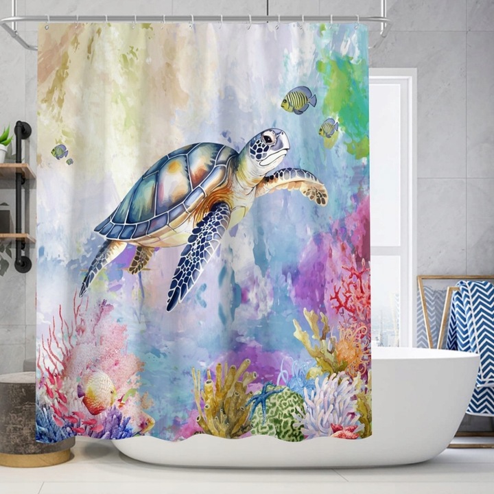 Zuhanyfüggöny, floraweg, teknős és pingvin mintával, rózsaszín, 180x200cm
