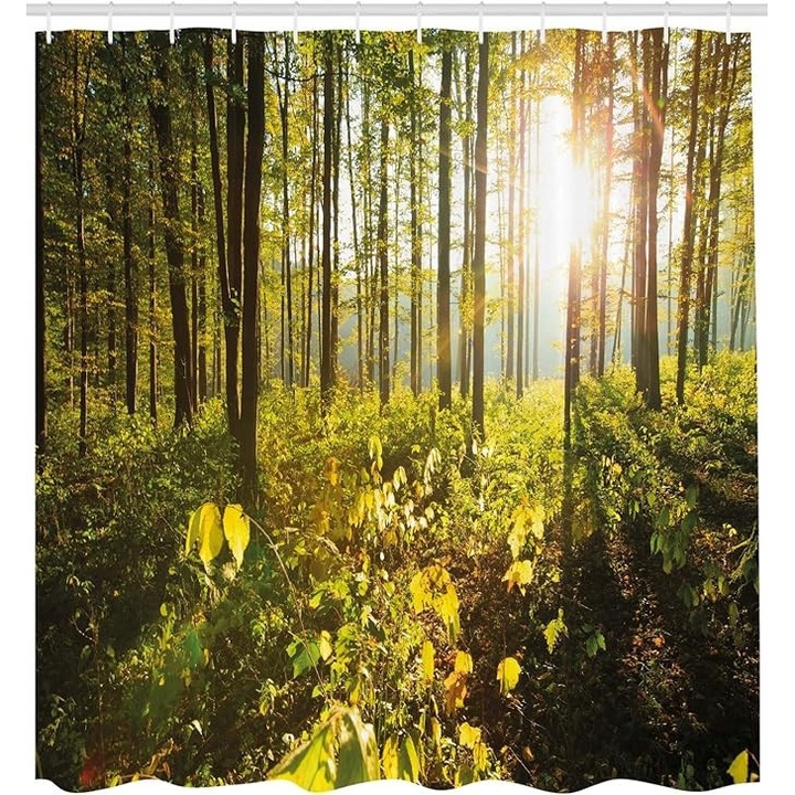 Zaslona de dus textila floraweg, 180x200cm, design padure verde, usor de intretinut, cu 12 carlige