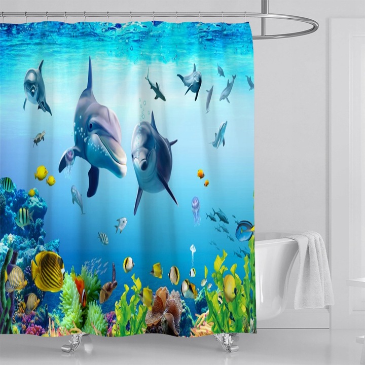 Zaslona de dus, floraweg, delfin in mare, 180x200 cm, poliester, usor de intretinut