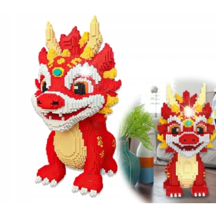 Set de constructie Uxxu, Dragon Rosu, 15000 elemente, dimensiuni 30x18x10 cm, material plastic netoxic