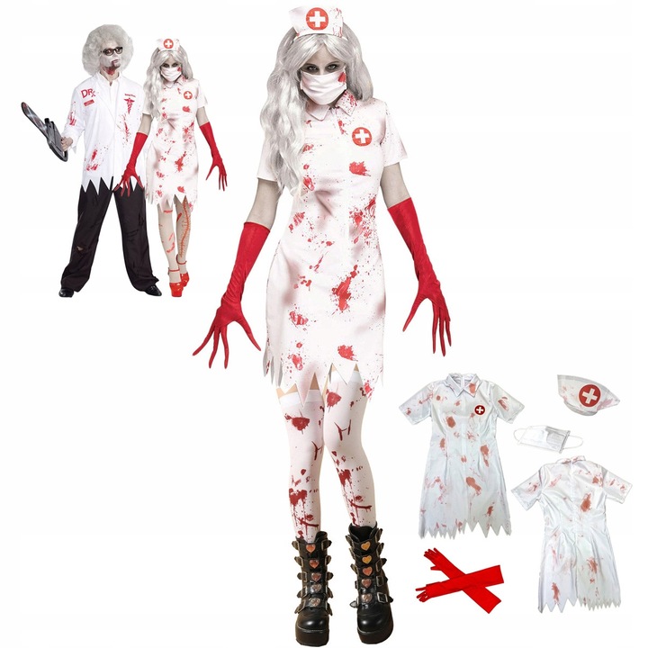 Costum Halloween, Elarionith, asistenta medicala, alb/rosu
