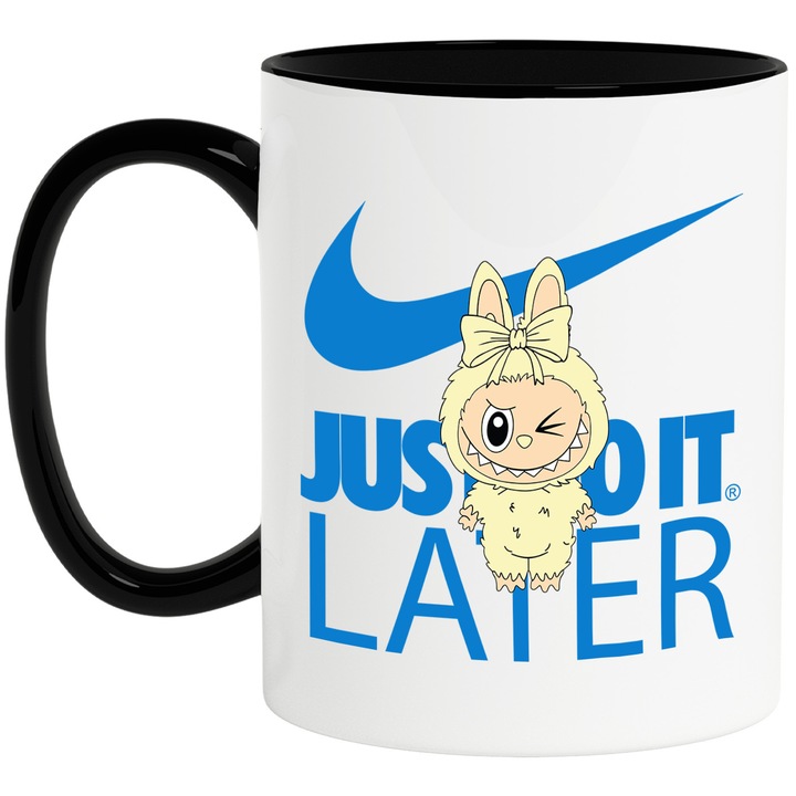 Cana Cu Labubu, Cu Textul "Nike Just Do It Later" - Design 4, Ceramica, 330ML, Cu Maner si Interior Negru