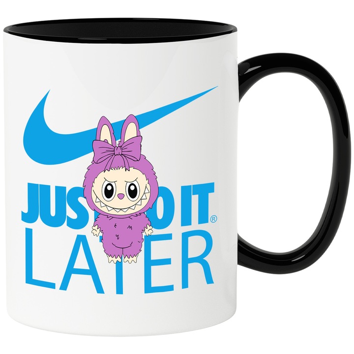 Cana Cu Labubu, Cu Textul "Nike Just Do It Later" - Design 5, Ceramica, 330ML, Cu Maner si Interior Negru