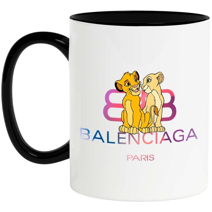Cana Cu Lion King, Cu Textul "Balenciaga Paris" - Design 5, Ceramica, 330ML, Cu Maner si Interior Negru