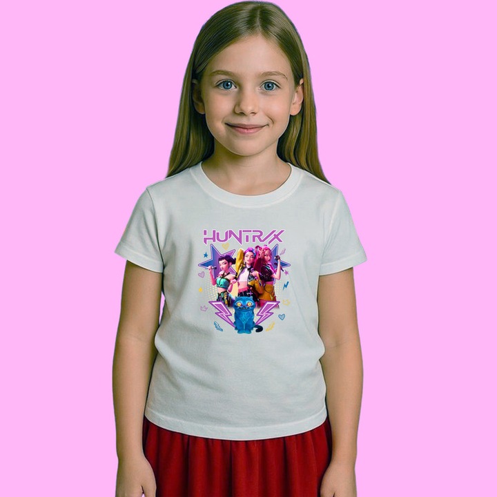 Tricou Copii Huntrix K Pop Hunters Demon Colaj Huntrix Cu Mascota Derpy, Alb