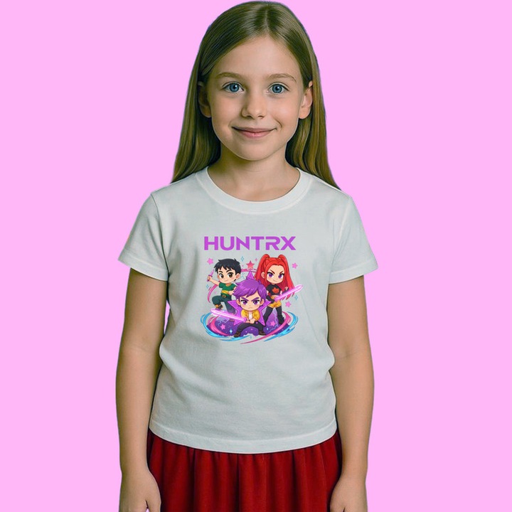 Tricou Copii Huntrix K Pop Hunters Demon Huntrix Chibi Colorful, Alb